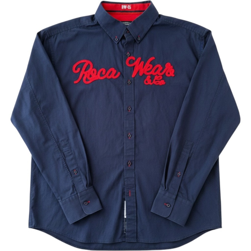 Y2K Rocawear Navy‎ Button Down Shirt XL Red Spellout Embroidered Logo Streetwear